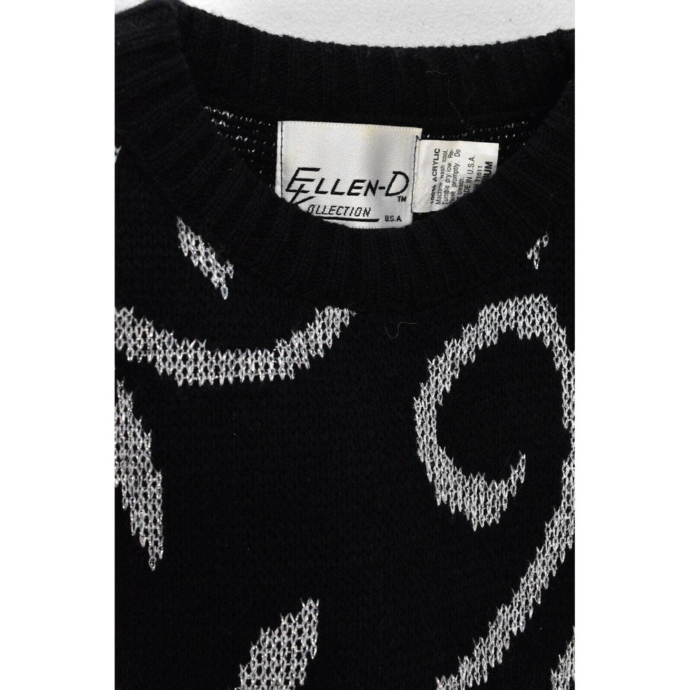 Vintage Metallic Floral Knit Sweater Black Silver Mock Neck Relaxed Fit Womens M - Picture 4 of 4